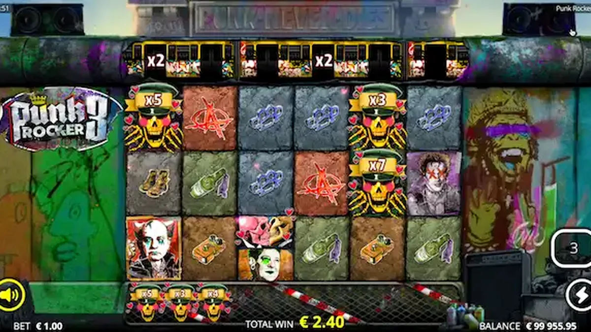 Punk Rocker 3 slot game interface na nagpapakita ng Berlin-themed graffiti at reels